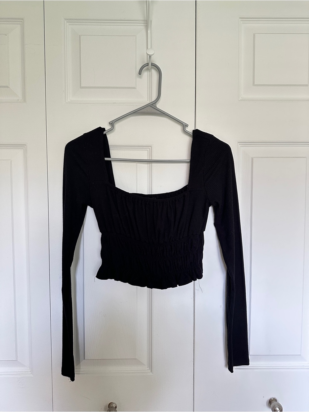 Forever 21 Black Square-Neck Smocked Long Sleeve Top